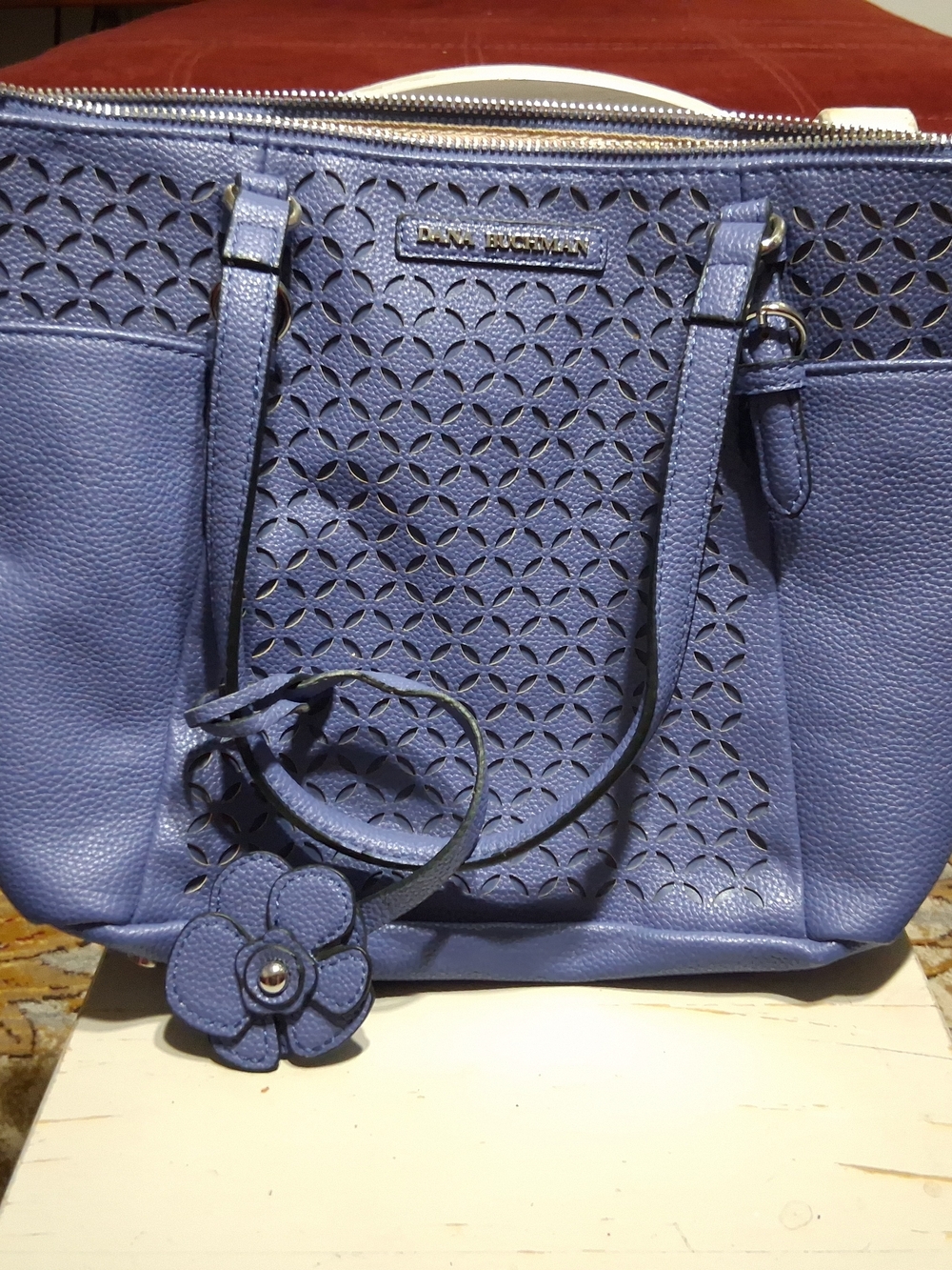 Dana Buchman Periwinkle Blue Perforated Leather Tote Bag Flower Charm